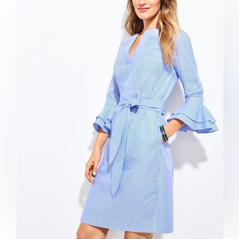 $25 sale Talbots Blue White Striped Flutter Sleeve Overall Dress Belt cotton 8